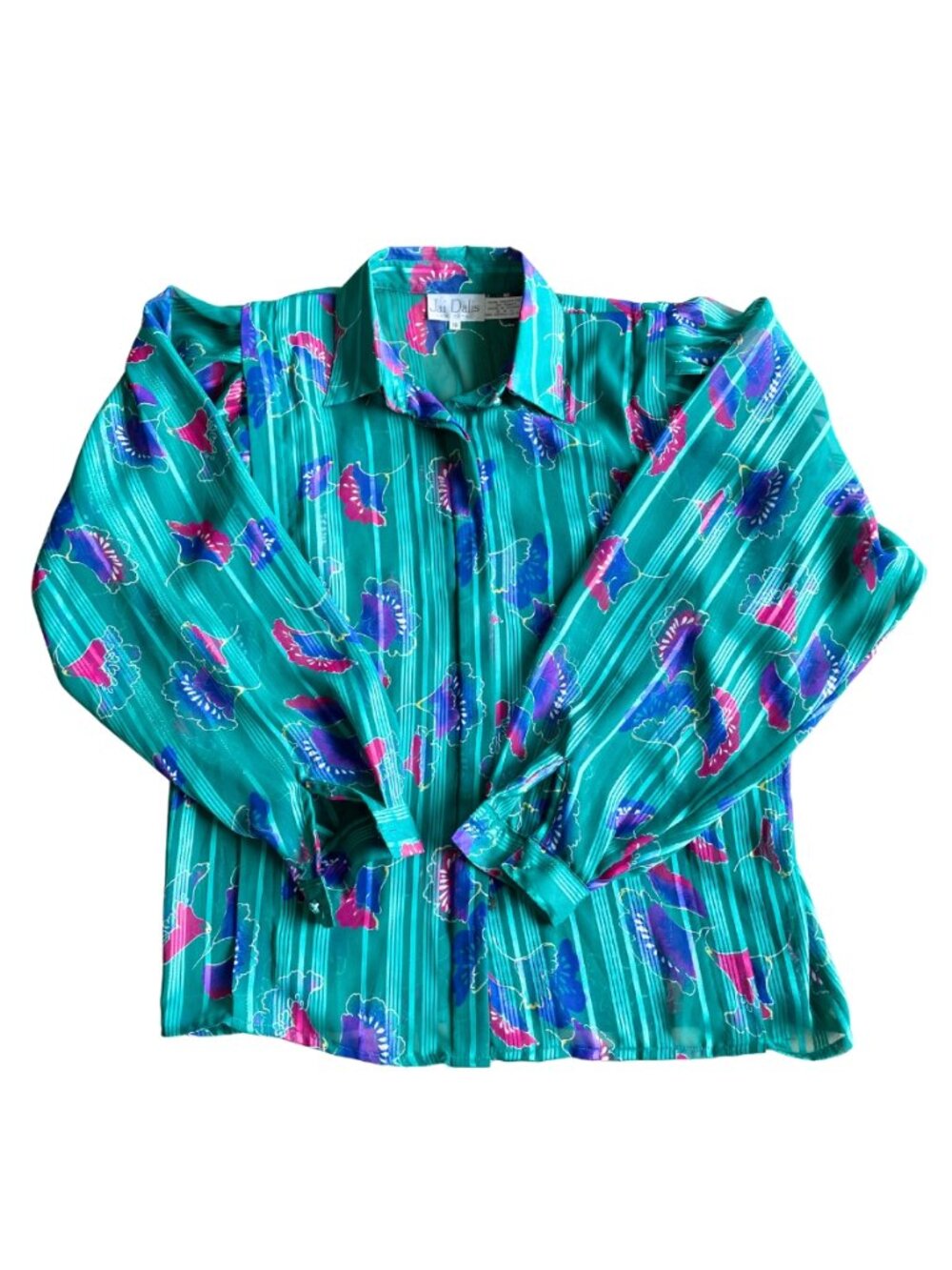 Entire Closet $5! VTG Jai Dalis Floral Striped Sheer Blouse Teal Purple Pink